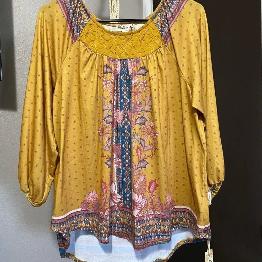 World Unity Flowy Yellow Patterned Blouse - Picture 4 of 4